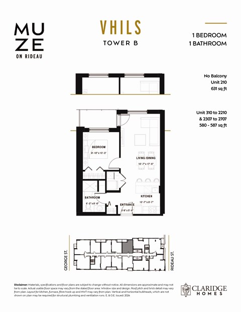 Floor plan for 1 bed, 1 bath, 587 sqft